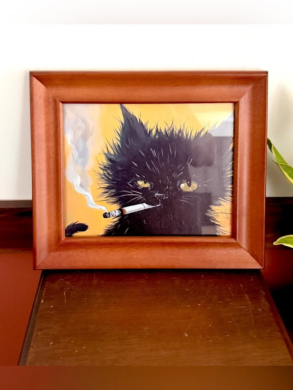 Disheveled Black Cat Smoking a Cigarette Wood Framed Canvas Art Print 11x13”